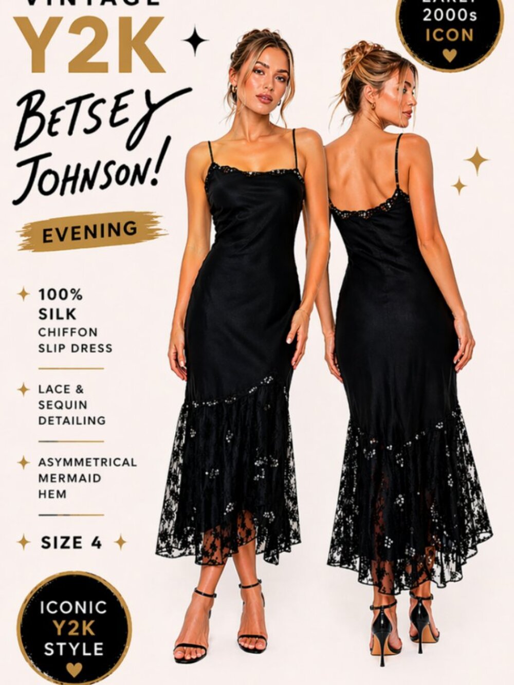 Vintage Y2K Betsey Johnson Evening Silk Slip Dress Sequins